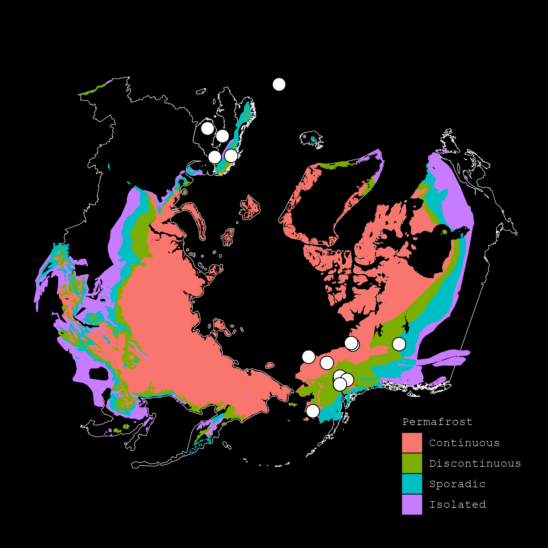 Map showing permafrost research sites